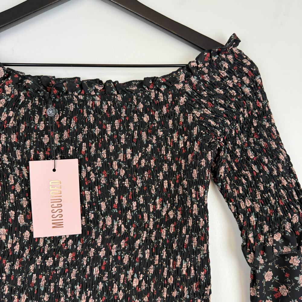 NWT Missguided Shirred Bardot Top Floral Off Shoulder LS Black - Size 6 US - Picture 2 of 10